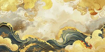 ai généré d'inspiration japonaise d'or feuille Cadre avec aquarelle vagues, des nuages, et traditionnel motifs. exquis conception pour une luxueux papier traitement ou bannière avec une toucher de Japon. photo
