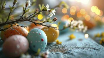 ai généré proche en haut Pâques des œufs sur une bleu Couleur en bois table contre une bokeh Contexte Pâques fête photo