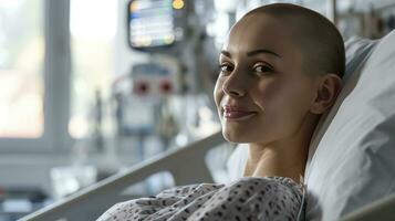 ai généré Jeune chauve femme dans hôpital lit monde cancer journée concept photo