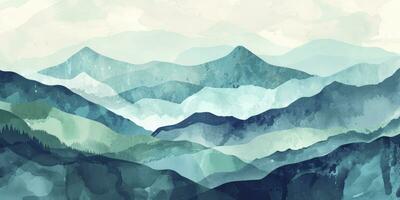 ai généré minimaliste paysage art Contexte avec montagnes et collines dans bleu et vert couleurs. abstrait bannière dans Oriental style avec aquarelle texture pour décor, imprimer, fond d'écran photo