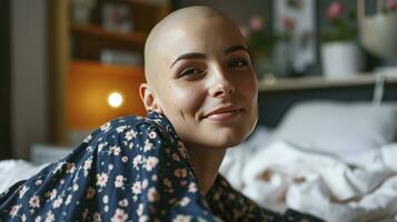 ai généré Jeune chauve femme dans hôpital lit monde cancer journée concept photo