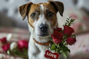 ai généré une chien avec une Rose en portant une rouge signe en disant l'amour texte photo