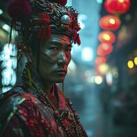 ai généré chinois homme avec une chinois Nouveau année costume dans une ville à le nuit. photo