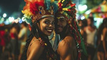 ai généré brésilien carnaval. couple dans costume profiter le carnaval fête dans le ville photo