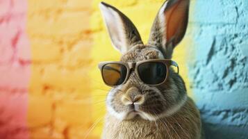 ai généré cool lapin avec des lunettes de soleil sur coloré Contexte photo