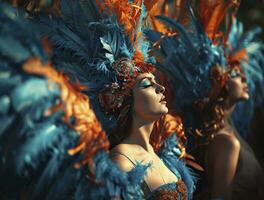 ai généré carnaval danseurs avec bleu et Orange plume photo