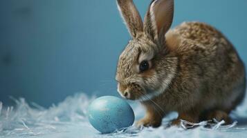 ai généré Pâques lapin lapin avec bleu peint Oeuf sur bleu Contexte. Pâques vacances concept. photo