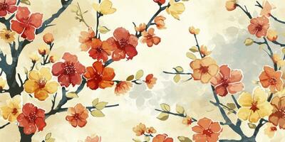 ai généré asiatique arrière-plan, Oriental Japonais et chinois style abstrait modèle Contexte conception avec botanique fleurs décorer dans aquarelle photo