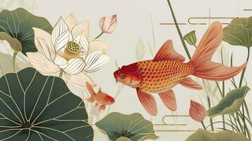 ai généré luxe or Oriental style Contexte. chinois et Japonais fond d'écran modèle conception de élégant poisson rouge, lotus fleurs avec or doubler. conception illustration pour décoration, mur décor. photo