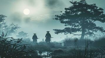 ai généré étourdissant Aube scène dans brouillard avec silhouette samouraïs sur le historique sekigahara champ de bataille, livré dans moderne encre laver style et en sourdine tons. photo