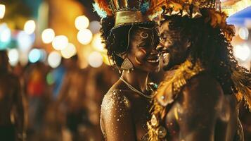 ai généré brésilien carnaval. couple dans costume profiter le carnaval fête dans le ville photo