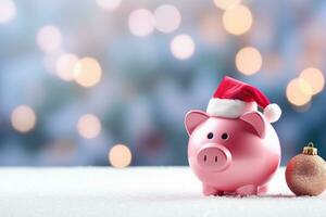 ai généré porcin banque avec Père Noël chapeau pour Noël dépenses budget et argent la gestion photo