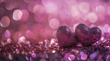 ai généré deux cœurs sur rose briller dans brillant Contexte - la Saint-Valentin journée concept photo