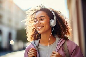 ai généré content souriant magnifique Jeune frisé femme en marchant dans parc en plein air écoute la musique avec écouteurs en utilisant mobile photo