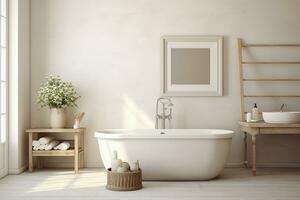ai généré 3d rendu minimal style moderne salle de bains intérieur conception avec baignoire photo