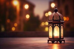 ai généré ornemental arabe lanterne embrasé sur table pour musulman saint mois Ramadan kareem photo