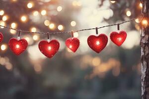 ai généré Valentin journée l'amour magnifique cœurs pendaison sur branche de arbre photo