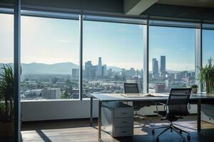 ai généré magnifique Contexte de une moderne Bureau intérieur avec panoramique les fenêtres photo