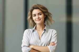 ai généré portrait de réussi et content femme d'affaires, Bureau ouvrier souriant et à la recherche à caméra, travail à l'intérieur moderne bureau. photo