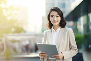 ai généré portrait de magnifique asiatique femme d'affaires avec languette Extérieur génératif ai photo