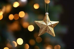 ai généré une proche en haut de une Noël arbre avec étoile babioles pendaison de c'est branches et une floue Contexte photo