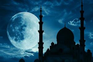 ai généré islamique Contexte de silhouette islamique mosquée à nuit avec lune sur bleu ciel photo