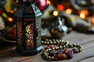 ai généré Haut vue Ramadan kareem maquette. bronze assiette avec Rendez-vous fruit, olive branches, embrasé blanc marbre tableau. photo