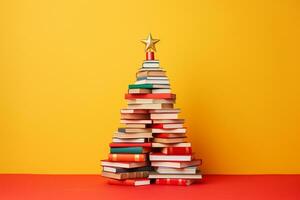 ai généré Noël arbre fabriqué de livres sur vert Contexte photo