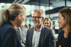 ai généré affaires équipe travail sur Nouveau projet et souriant. homme et femmes ensemble dans moderne Bureau pour projet discussion. photo