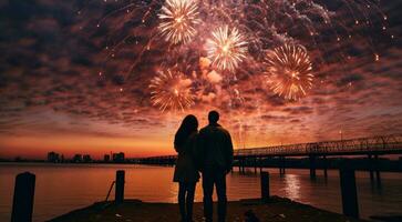 ai généré feux d'artifice dans le ciel, feux d'artifice à nuit, feux d'artifice plus de le ville, coloré feu d'artifice Contexte photo