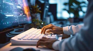 ai généré fermer de la personne est dactylographie sur le clavier, programmeur est programmation sur le ordinateur clavier, la personne dactylographie sur une portable photo