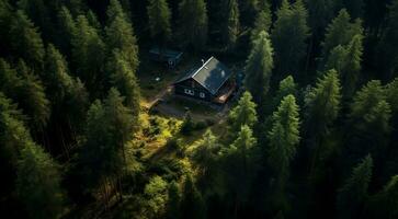 ai généré maison dans le les bois, maison dans le forêt, moderne conçu en bois maison dans le forêt photo