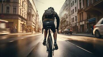 ai généré cycliste avec casque équitation une bicyclette dans le ville, proche en haut de cycliste photo