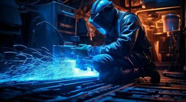 ai généré soudeur travail dans le usine, soudeur travail dans le atelier photo