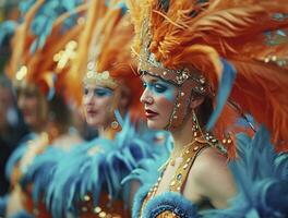 ai généré carnaval danseurs avec bleu et Orange plume photo