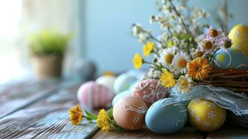 ai généré Pâques des œufs avec fleurs sur table photo