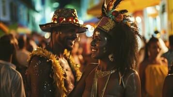 ai généré brésilien carnaval. couple dans costume profiter le carnaval fête dans le ville photo