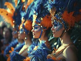 ai généré carnaval danseurs avec bleu et Orange plume photo