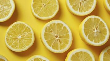 ai généré vitamine c et citron tranches sur une Jaune Contexte. photo