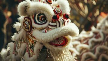 ai généré chinois traditionnel Lion Danse costume performant à une temple dans Chine, lunaire Nouveau année fête, chinois Nouveau année photo