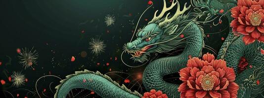 ai généré année de le dragon. chinois Nouveau an. de félicitations bannière avec vert dragon, rouge fleurs et feux d'artifice. photo