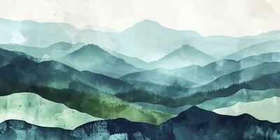 ai généré minimaliste paysage art Contexte avec montagnes et collines dans bleu et vert couleurs. abstrait bannière dans Oriental style avec aquarelle texture pour décor, imprimer, fond d'écran photo