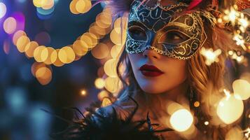 ai généré magnifique Jeune femme dans carnaval masque et élégant mascarade costume avec plumes et cierges magiques dans bokeh sur noir Contexte. Noël, Nouveau année, fête. photo