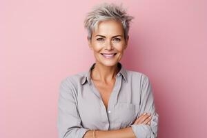 ai généré portrait de Sénior femme souriant sur isolé Contexte photo