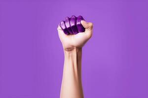 ai généré élevé violet poing de une femme pour international femmes journée et le féministe mouvement Mars 8 pour féminisme photo