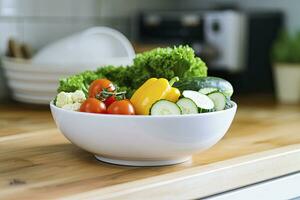 ai généré cuisine encore la vie avec blanc bol de lavé des légumes sur en bois bureau. ai généré photo