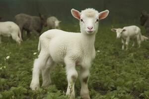 ai généré blanc agneau dans une champ dans de face de autre animaux. génératif ai photo