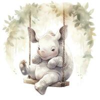 ai généré mignonne content bébé rhinocéros sur oscillations dans le arbre dans aquarelle style. ai généré photo