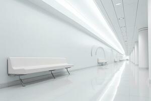 ai généré intérieur conception de une moderne luxueux blanc bâtiment couloir ou couloir avec attendre siège. ai généré photo