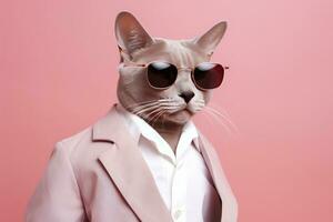 ai généré une chat est portant des lunettes de soleil et costume sur rose Contexte. ai généré photo